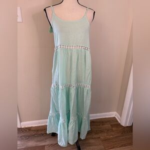 Rachel Zoe mint green gauzy tiered linen blend maxi sundress lace detail SZ M